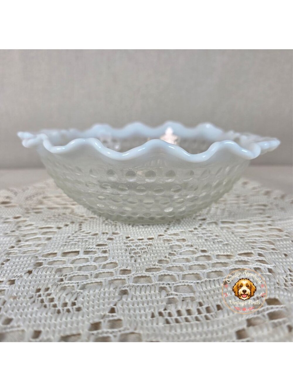 Vintage Moonstone Opalescent Glass Hobnail Candy Dish With Scalloped Edge & Hand